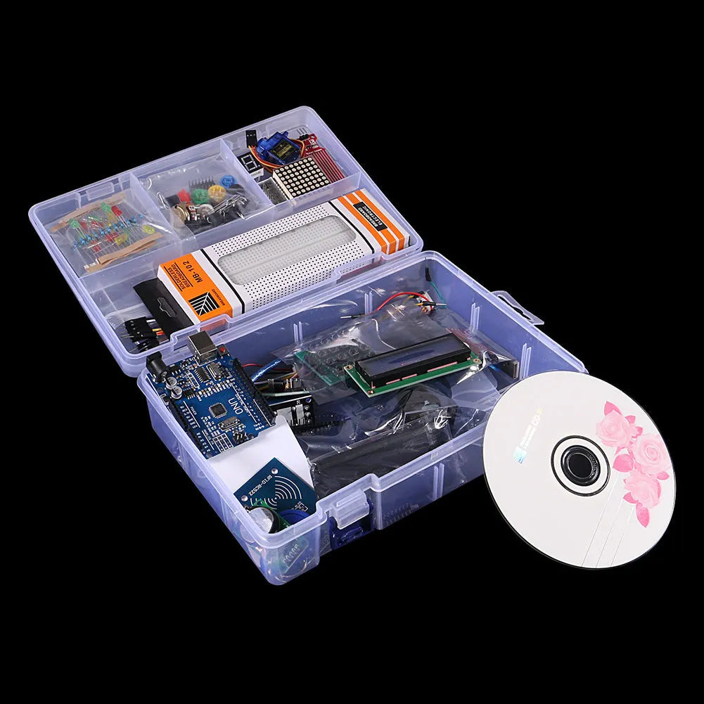 Arduino Improved UNO R3 RFID Starter Kit white with UNO board, IIC 1602 LCD, RFID module, sensors, and actuators in a box