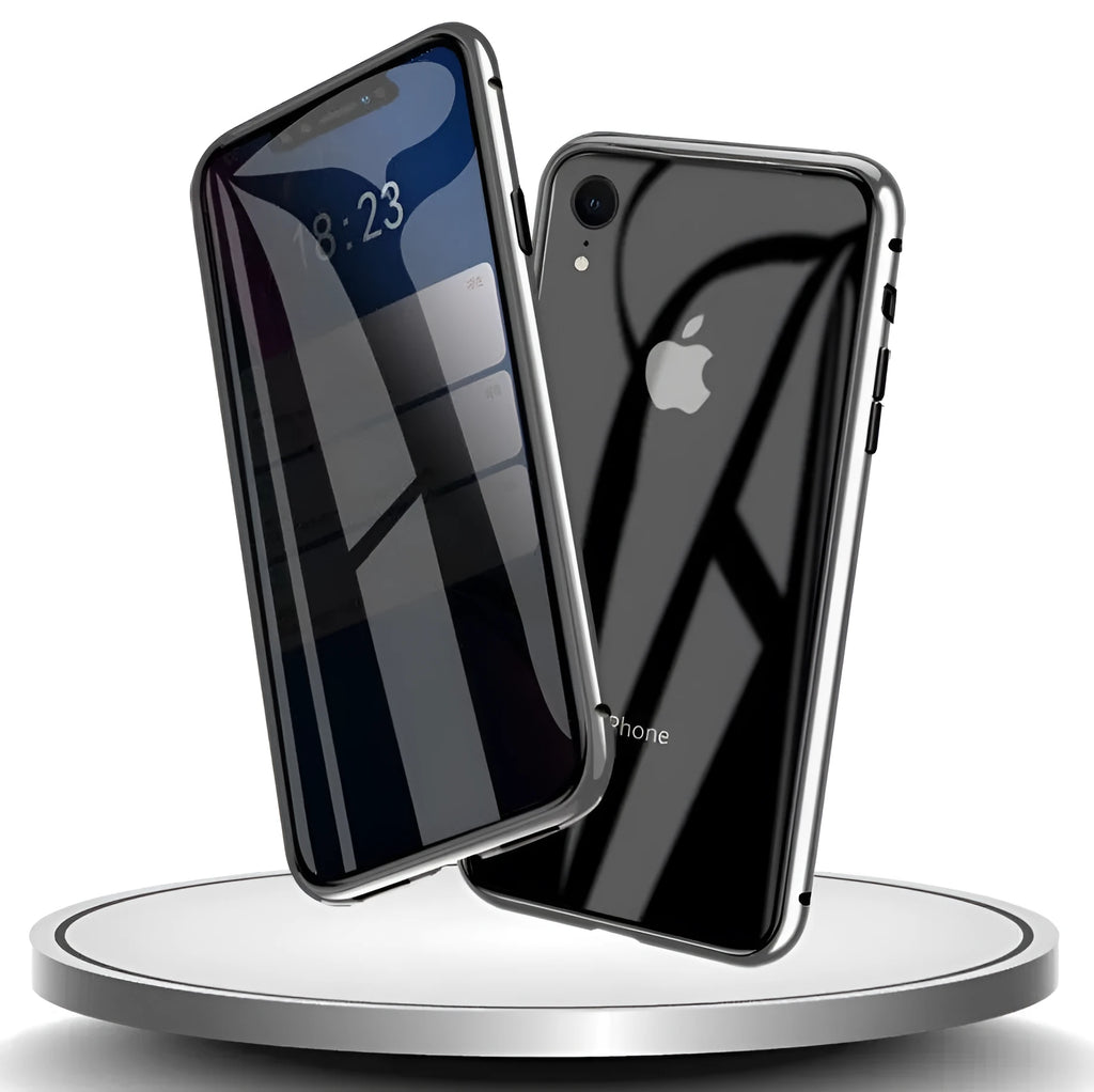 Machined glass clamshell anti-spy phone case in black, shown closed and open next to an iPhone.