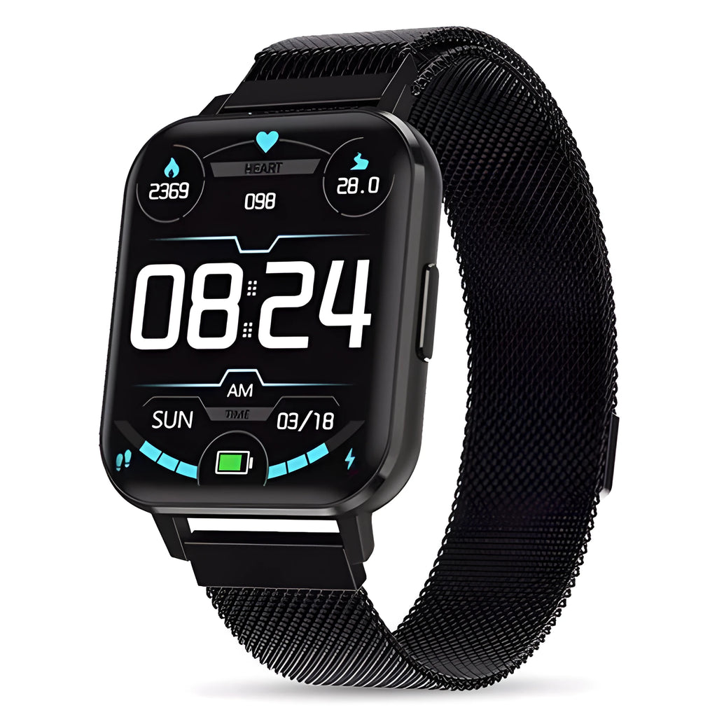 DTX Smart Watch with 1.78 inch HD display on a black steel wristband showing fitness tracking interface.
