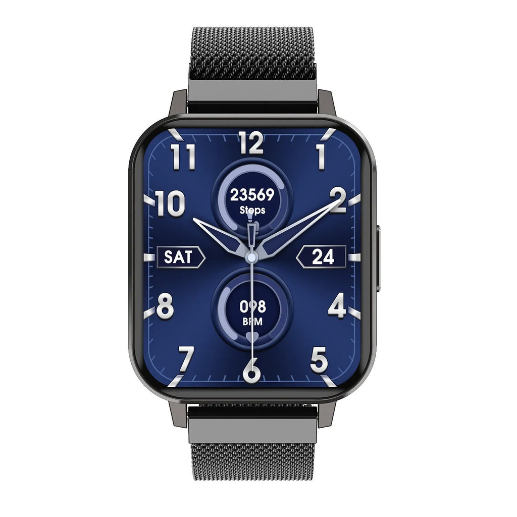 DTX Smart Watch with 1.78 inch HD display on a black steel wristband showing fitness tracking interface.