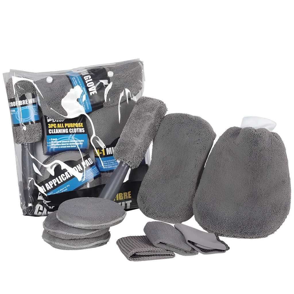 Nine-piece grey car wash set in superfine fibre, 27.5 x 31 x 6 cm, for car and household cleaning