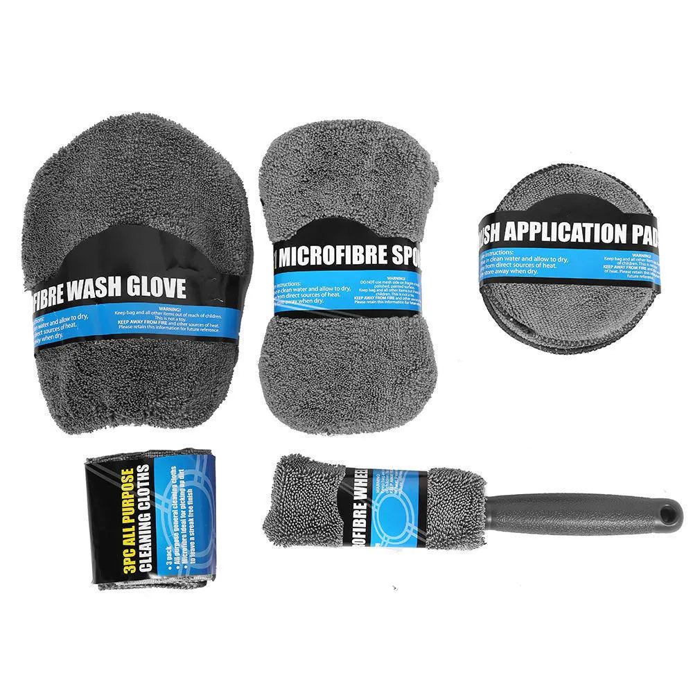Nine-piece grey car wash set in superfine fibre, 27.5 x 31 x 6 cm, for car and household cleaning