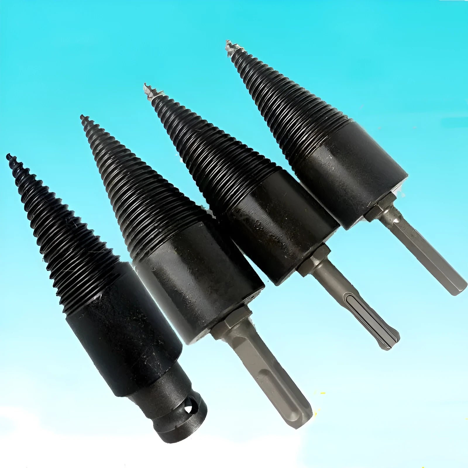 Hexagonal metal firewood splitting drill bit in 32mm and 42mm sizes for electric drills.