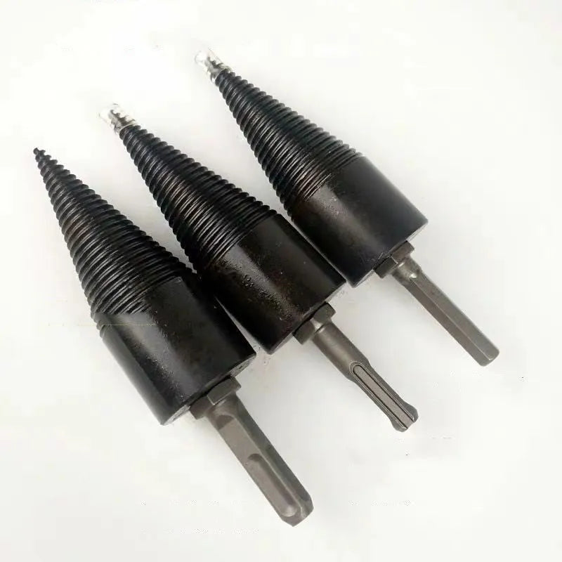 Hexagonal metal firewood splitting drill bit in 32mm and 42mm sizes for electric drills.