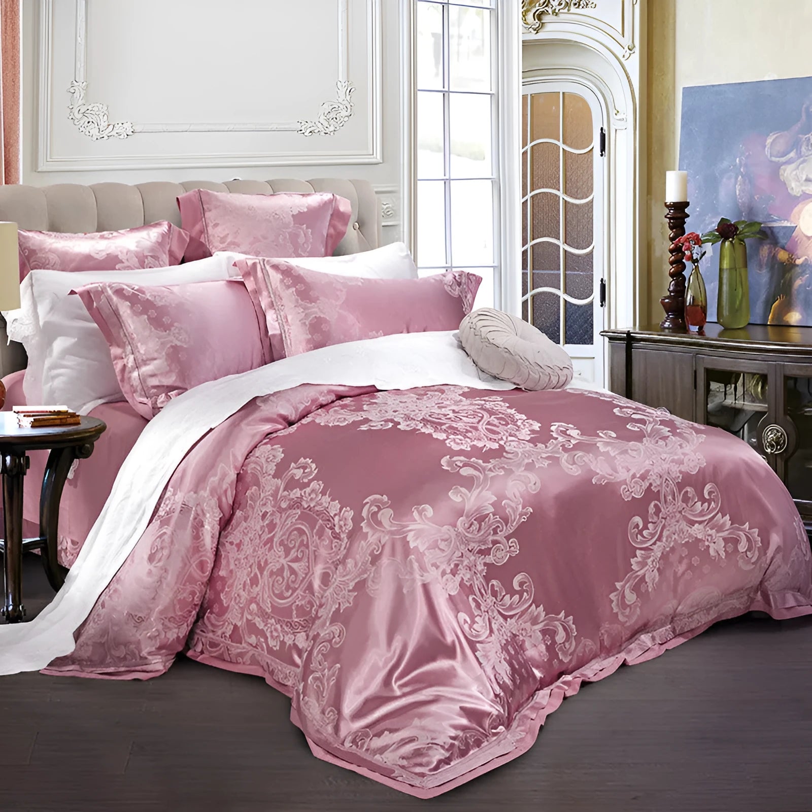 European-style pure cotton sateen jacquard 4-piece bedding set with quilt cover, sheet, and two pillowcases in white