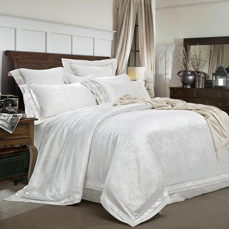 European-style pure cotton sateen jacquard 4-piece bedding set with quilt cover, sheet, and two pillowcases in white