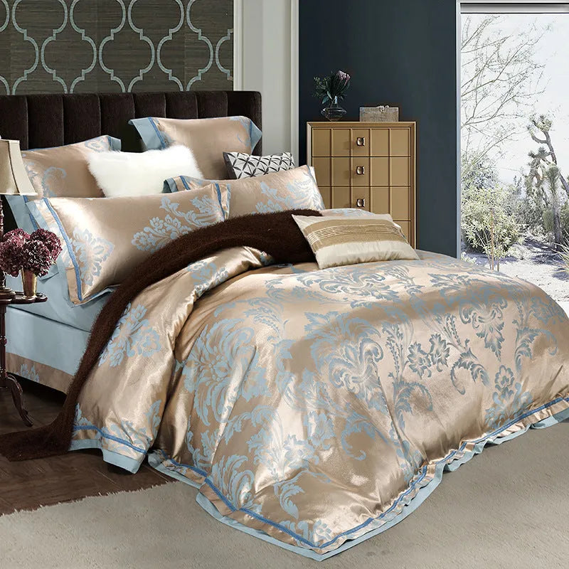 European-style pure cotton sateen jacquard 4-piece bedding set with quilt cover, sheet, and two pillowcases in white