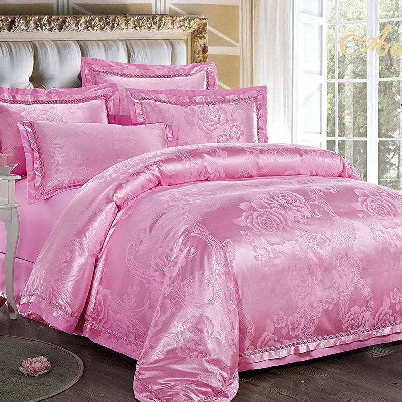 European-style pure cotton sateen jacquard 4-piece bedding set with quilt cover, sheet, and two pillowcases in white