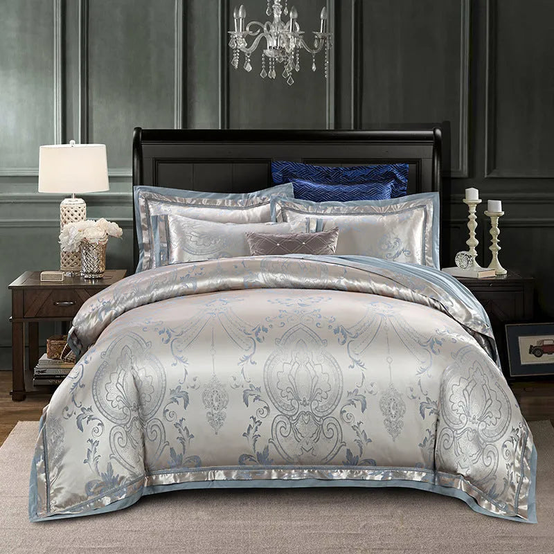 European-style pure cotton sateen jacquard 4-piece bedding set with quilt cover, sheet, and two pillowcases in white