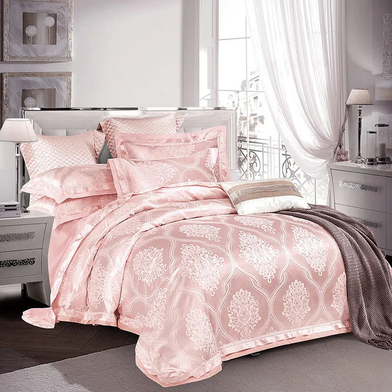 European-style pure cotton sateen jacquard 4-piece bedding set with quilt cover, sheet, and two pillowcases in white