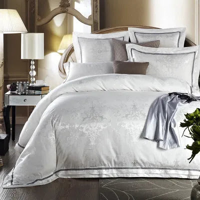 European-style pure cotton sateen jacquard 4-piece bedding set with quilt cover, sheet, and two pillowcases in white