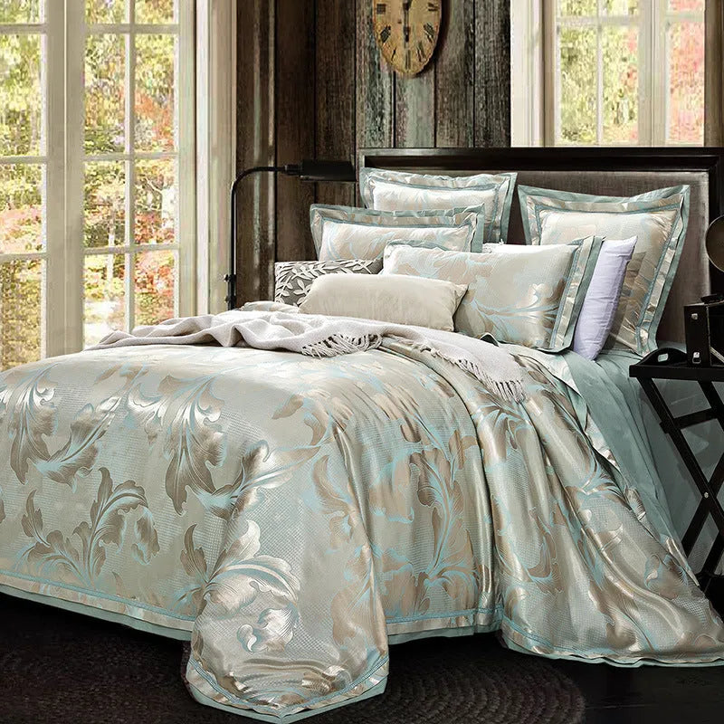 European-style pure cotton sateen jacquard 4-piece bedding set with quilt cover, sheet, and two pillowcases in white