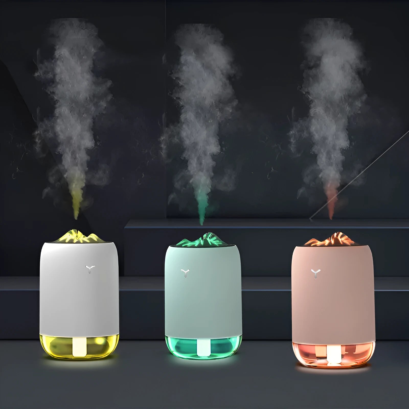 Magic Flame white mini ultrasonic humidifier with USB cable on desktop, columnar shape