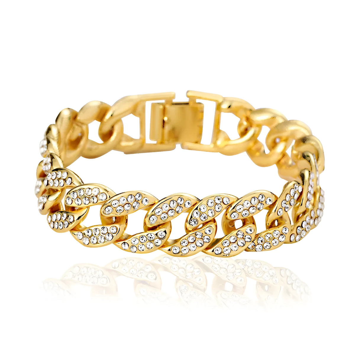 Cuban thick link chain bracelet with rhinestones in gold colour, 8 inch length, alloy construction