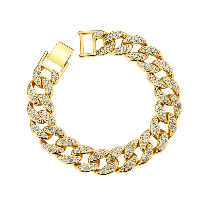 Cuban thick link chain bracelet with rhinestones in gold colour, 8 inch length, alloy construction