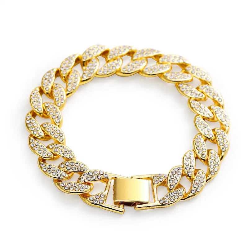 Cuban thick link chain bracelet with rhinestones in gold colour, 8 inch length, alloy construction