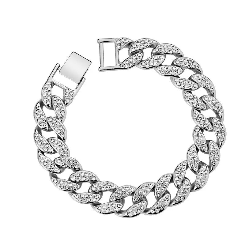 Cuban thick link chain bracelet with rhinestones in gold colour, 8 inch length, alloy construction