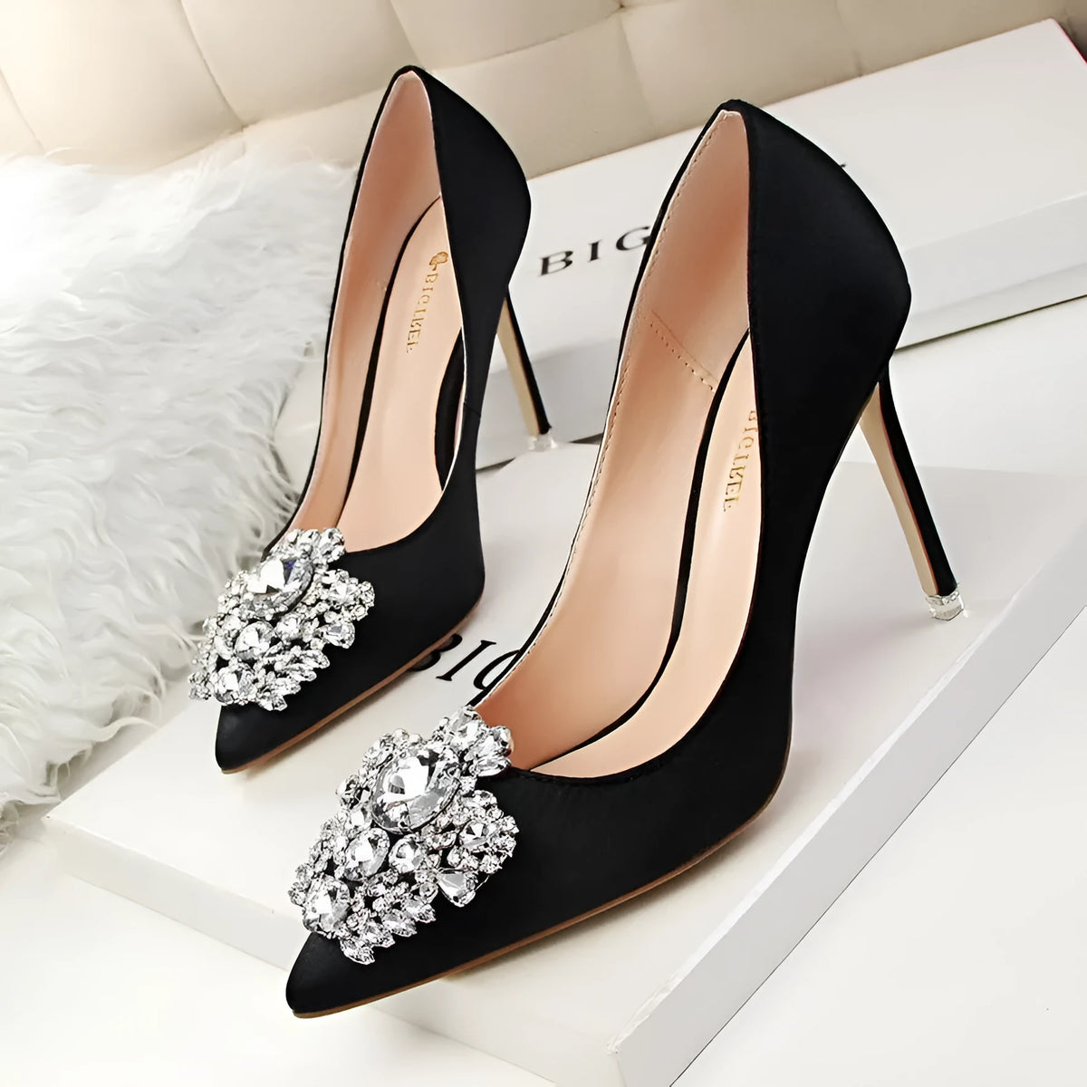 Black women's stiletto high heels with pointed toe and super high heel over 8 cm