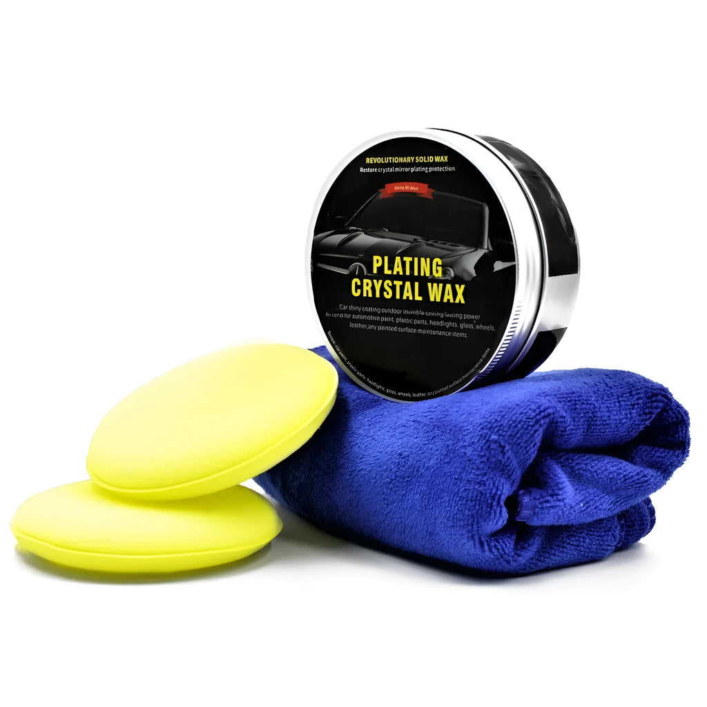 Car diamond crystal solid wax 200ml black container with sponge and cloth on car bonnet