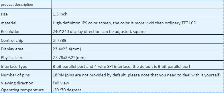 1.3-inch square IPS LCD display module with 240x240 resolution and 18-pin connector