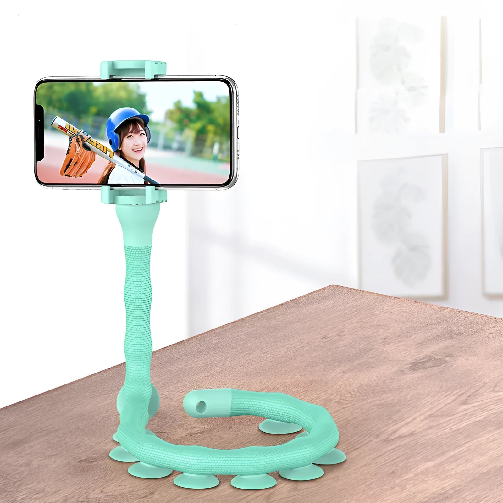 Flexible worm design mobile phone holder with suction cup mounting and 62cm reach