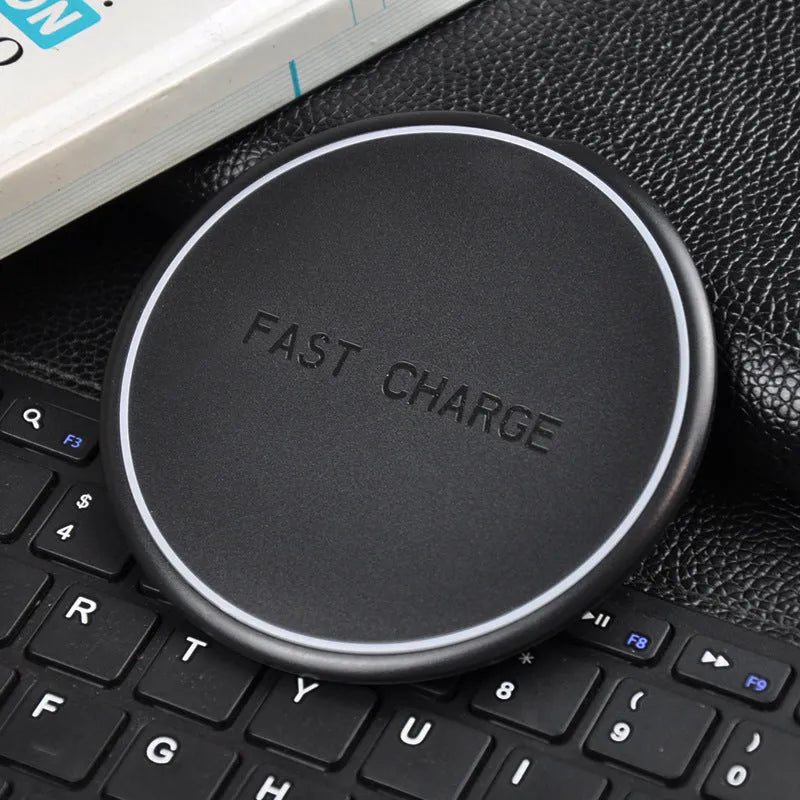 Round black 10W fast wireless charger with LED indicator and Micro USB port