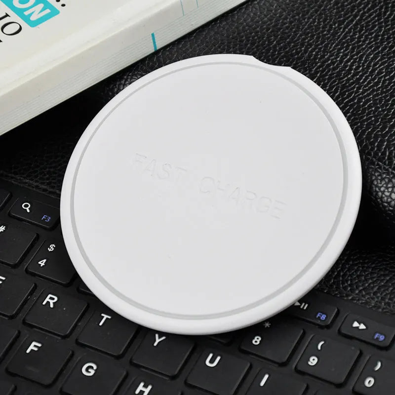Round black 10W fast wireless charger with LED indicator and Micro USB port