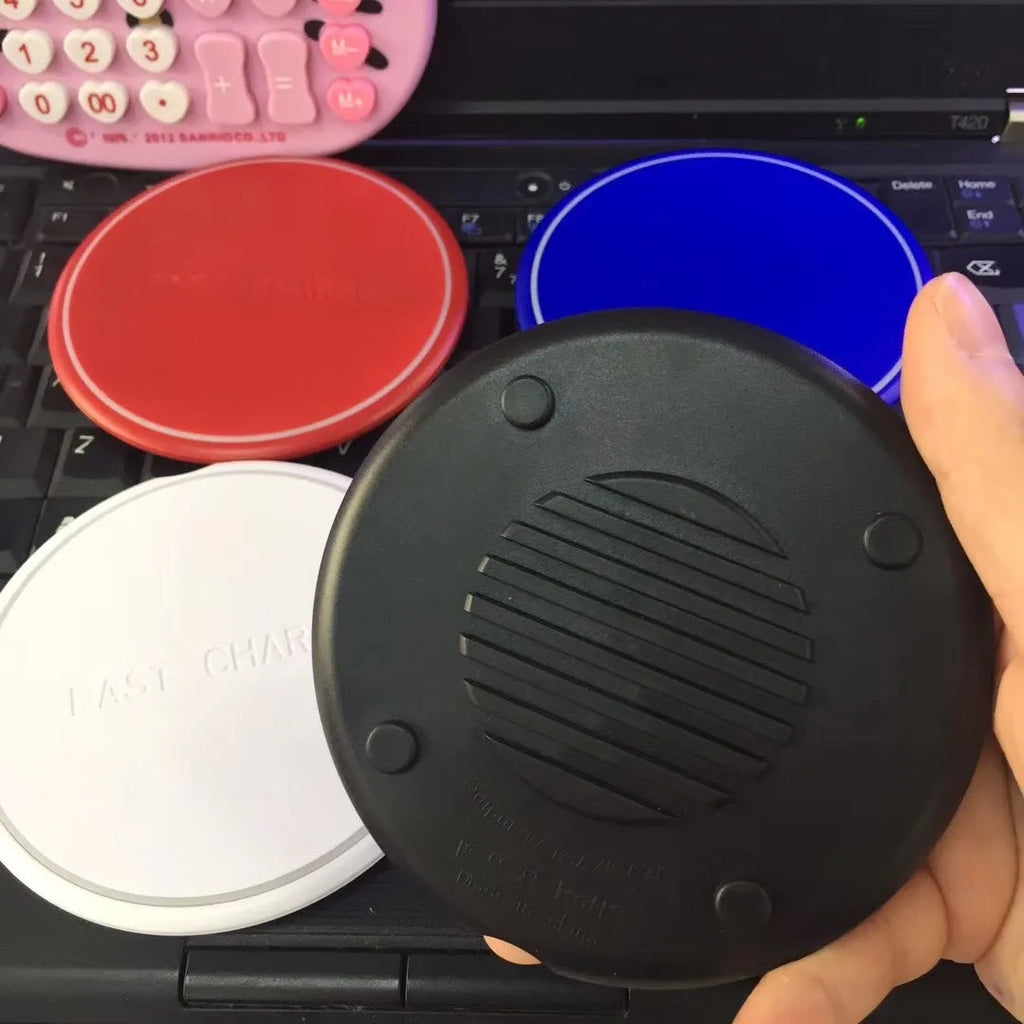 Round black 10W fast wireless charger with LED indicator and Micro USB port