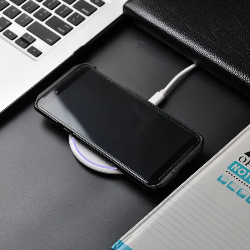 Round black 10W fast wireless charger with LED indicator and Micro USB port