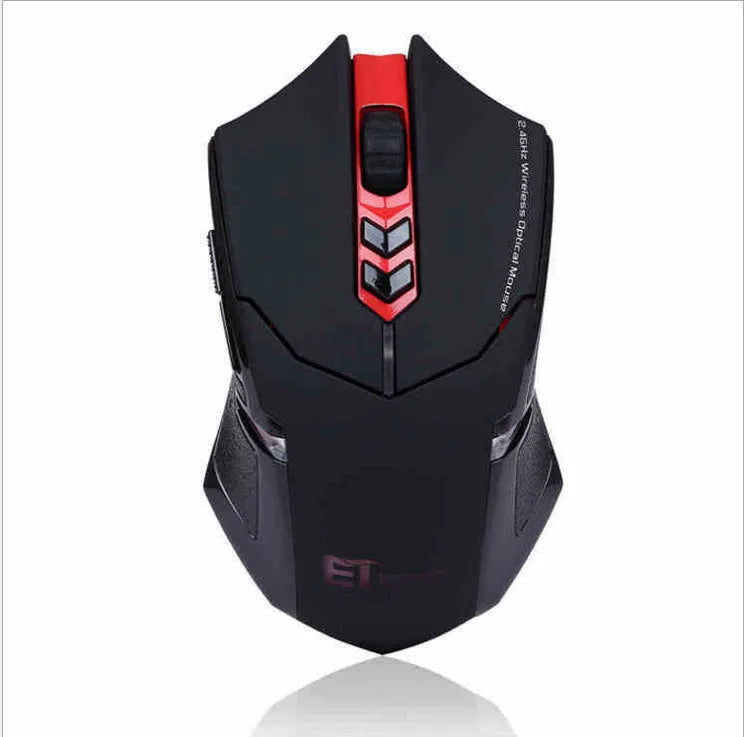 Wireless 2.4GHz gaming mouse with 4000DPI optical sensor, seven buttons, and four-way scroll wheel in black