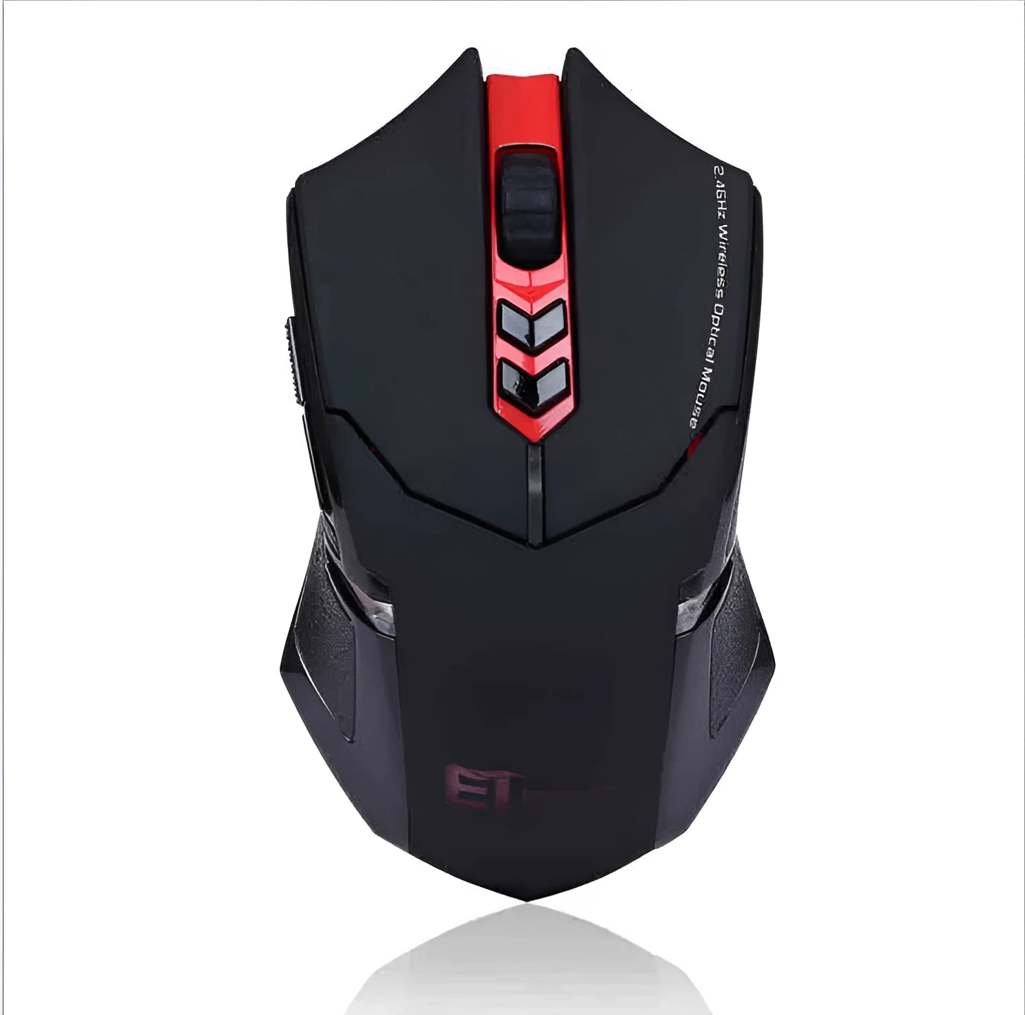 Wireless 2.4GHz gaming mouse with 4000DPI optical sensor, seven buttons, and four-way scroll wheel in black