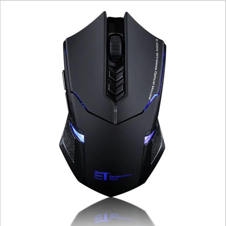 Wireless 2.4GHz gaming mouse with 4000DPI optical sensor, seven buttons, and four-way scroll wheel in black