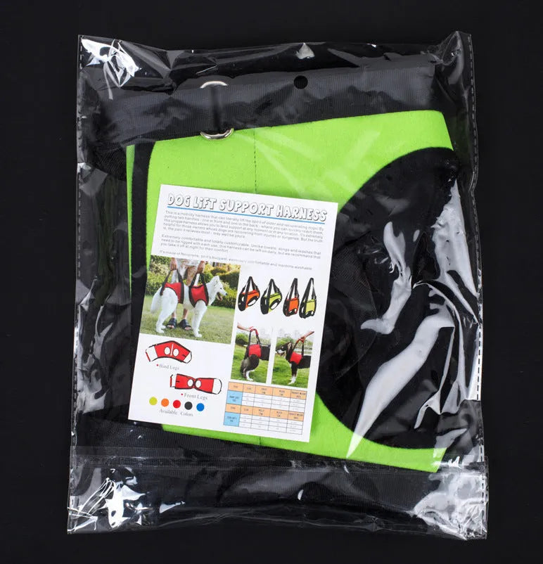 Dog pet assist belt in red, green, or orange with front leg and hind leg options, sizes S M L