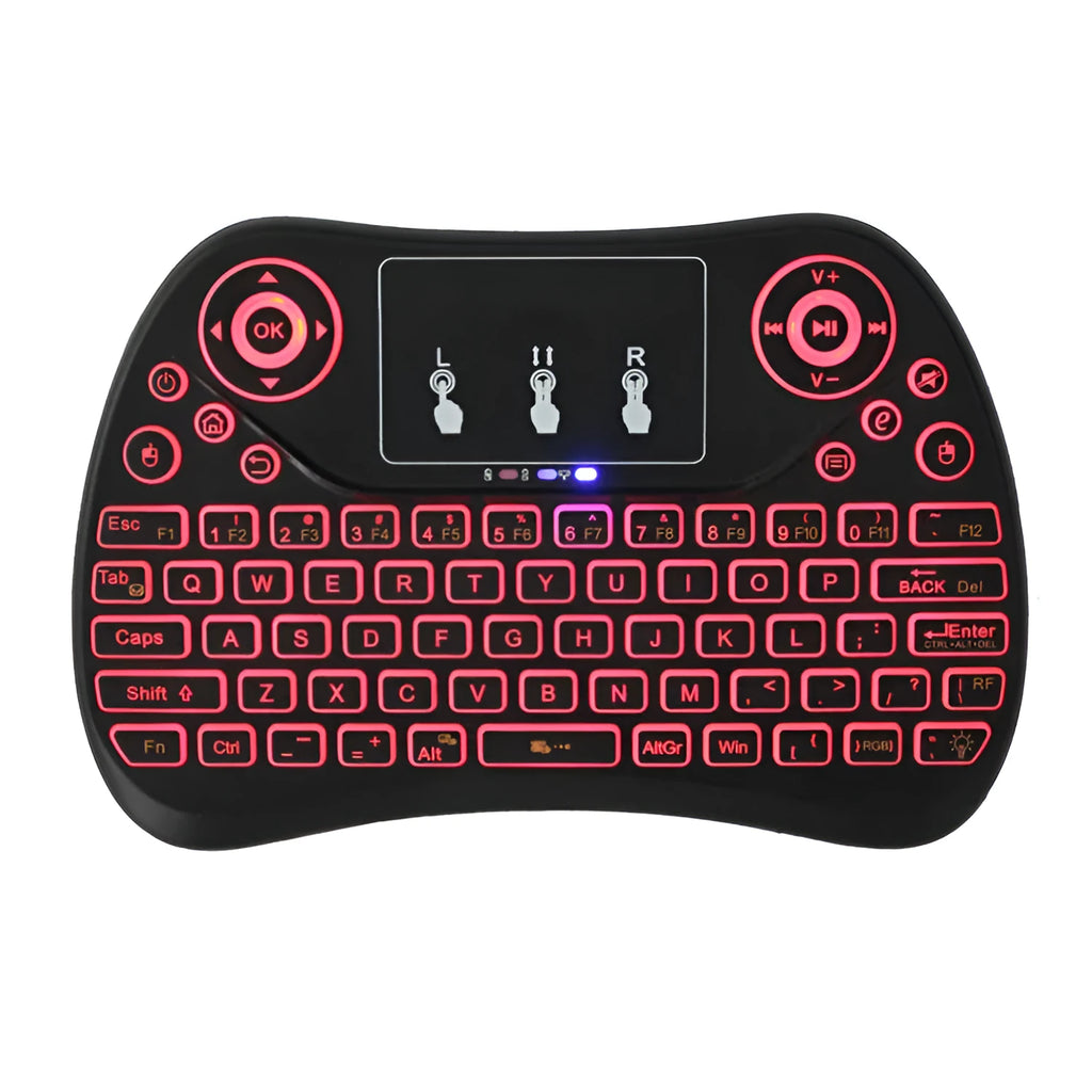 Compact white wireless keyboard with multi-colour backlit keys and a small USB dongle on a desk.
