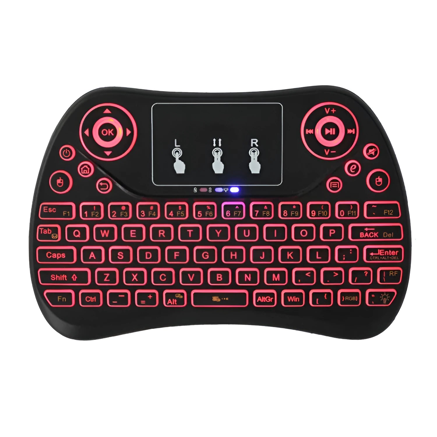Compact white wireless keyboard with multi-colour backlit keys and a small USB dongle on a desk.