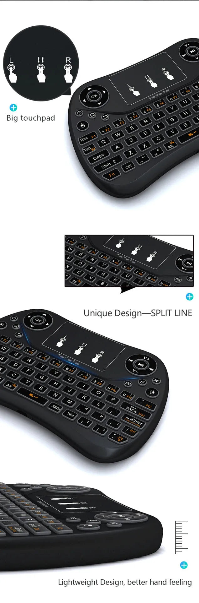 Compact white wireless keyboard with multi-colour backlit keys and a small USB dongle on a desk.