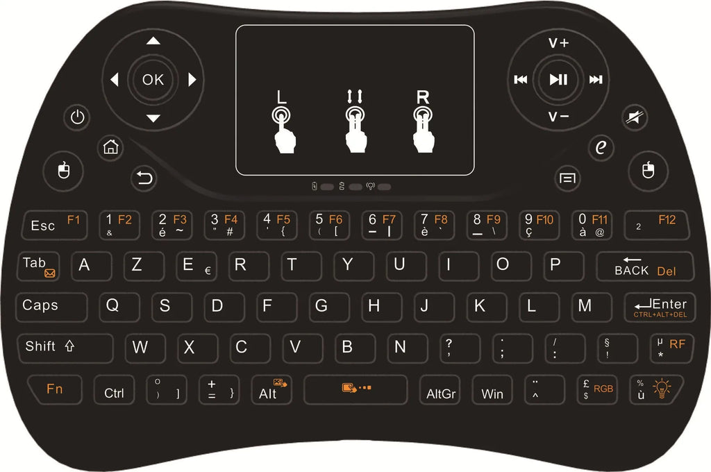 Compact white wireless keyboard with multi-colour backlit keys and a small USB dongle on a desk.