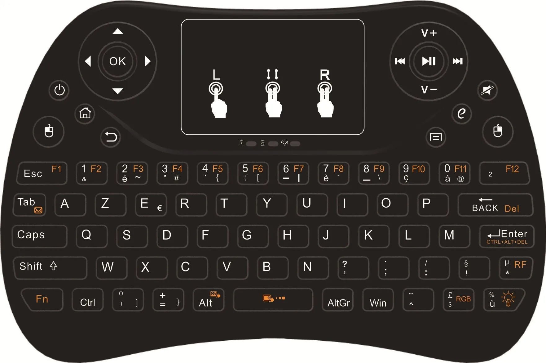 Compact white wireless keyboard with multi-colour backlit keys and a small USB dongle on a desk.