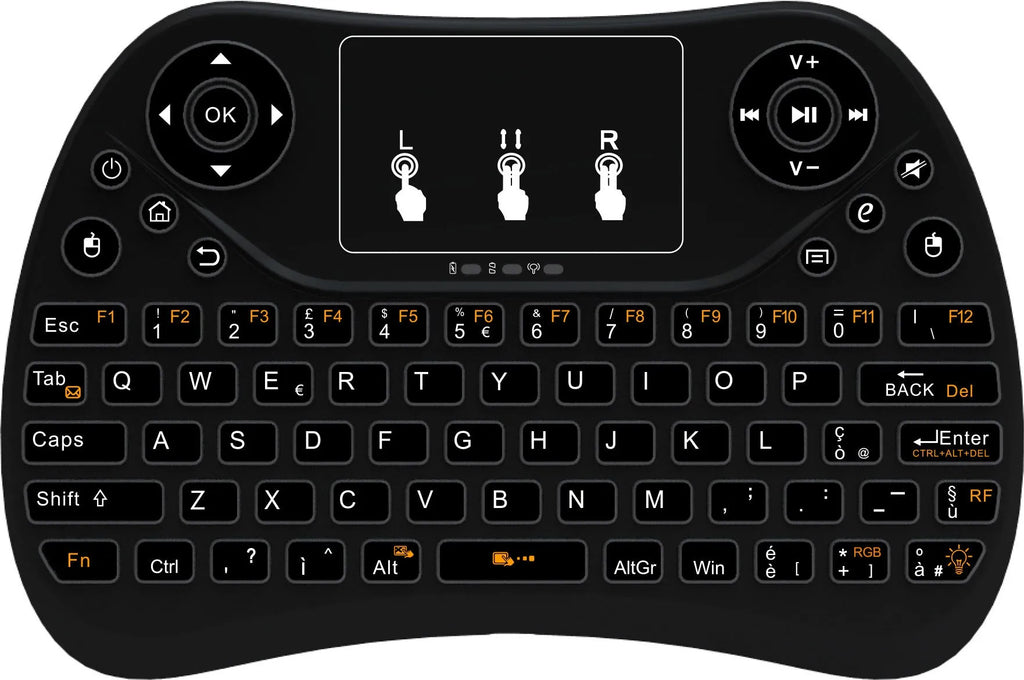 Compact white wireless keyboard with multi-colour backlit keys and a small USB dongle on a desk.