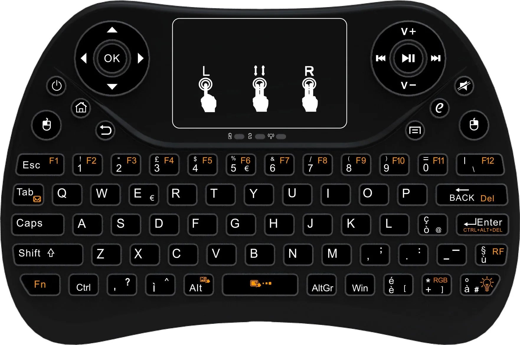 Compact white wireless keyboard with multi-colour backlit keys and a small USB dongle on a desk.