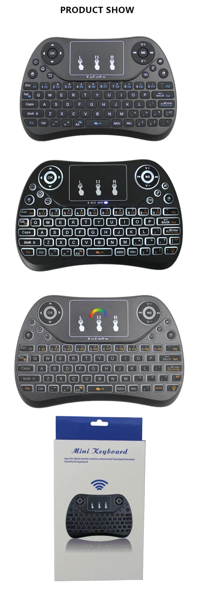 Compact white wireless keyboard with multi-colour backlit keys and a small USB dongle on a desk.