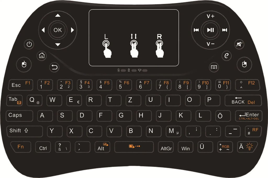 Compact white wireless keyboard with multi-colour backlit keys and a small USB dongle on a desk.