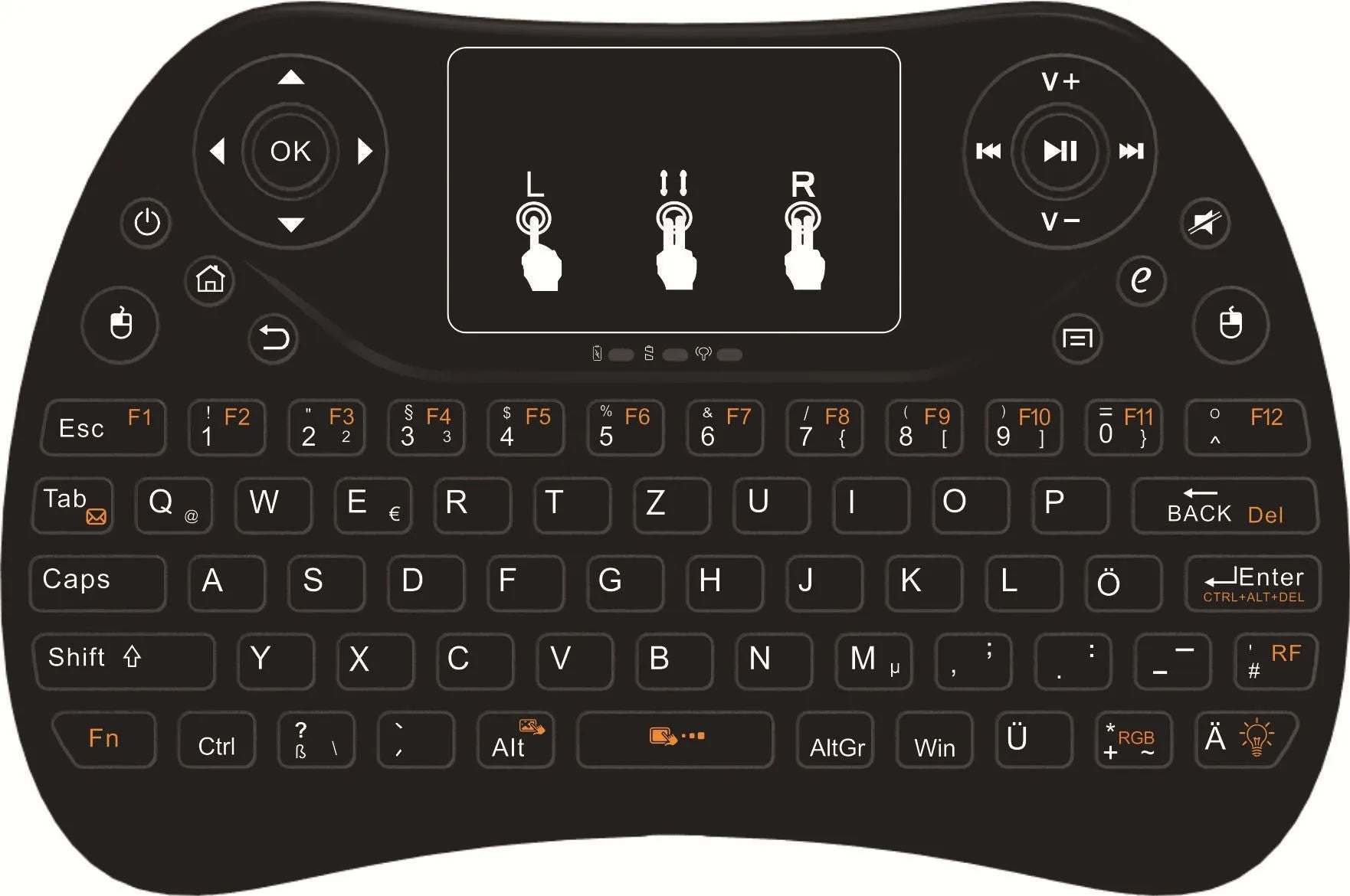 Compact white wireless keyboard with multi-colour backlit keys and a small USB dongle on a desk.