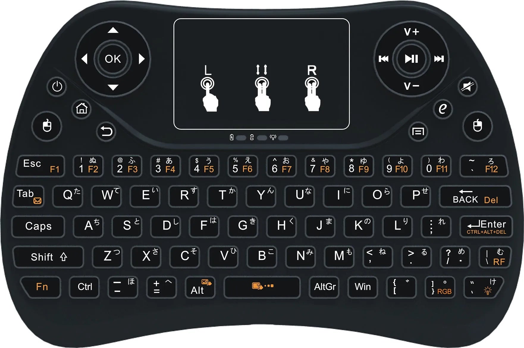 Compact white wireless keyboard with multi-colour backlit keys and a small USB dongle on a desk.