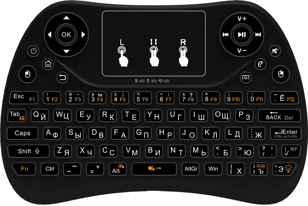 Compact white wireless keyboard with multi-colour backlit keys and a small USB dongle on a desk.