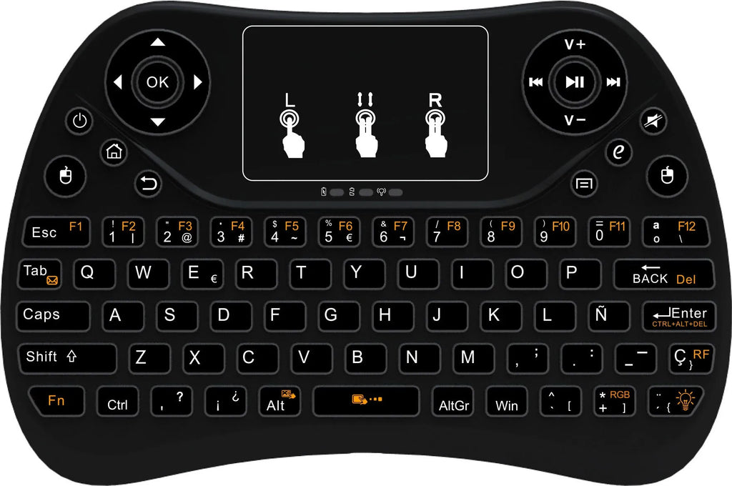 Compact white wireless keyboard with multi-colour backlit keys and a small USB dongle on a desk.