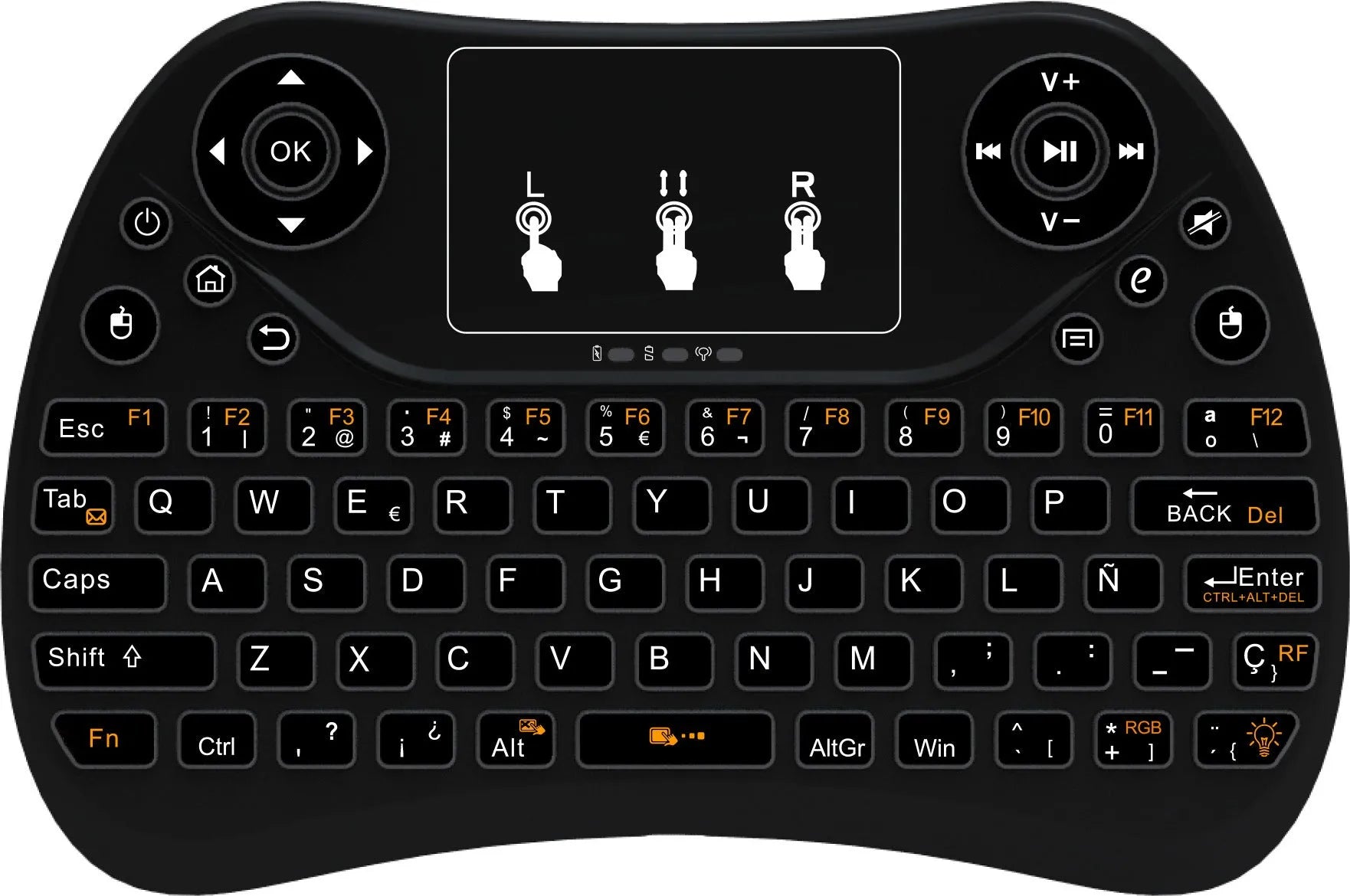 Compact white wireless keyboard with multi-colour backlit keys and a small USB dongle on a desk.