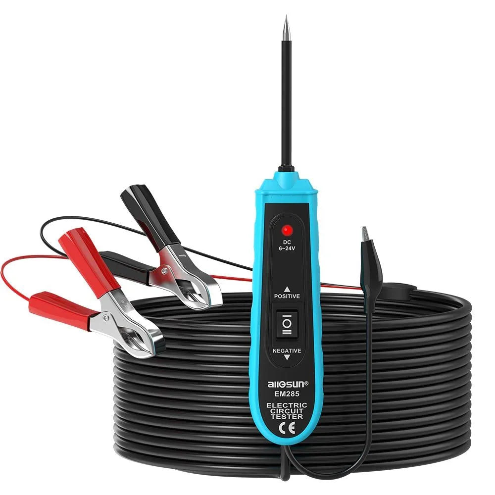 DC probe car circuit tester with 5m cable, crocodile clip, wire probe, and back-probe for 6-24V automotive electrical testing