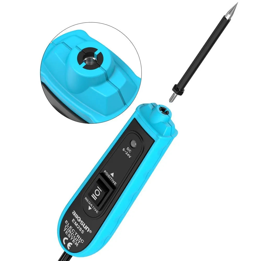 DC probe car circuit tester with 5m cable, crocodile clip, wire probe, and back-probe for 6-24V automotive electrical testing
