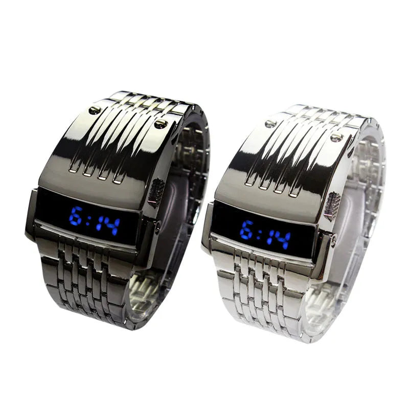 LCD Iron Man LED watch with blue red light display, black case, adjustable strap on wrist